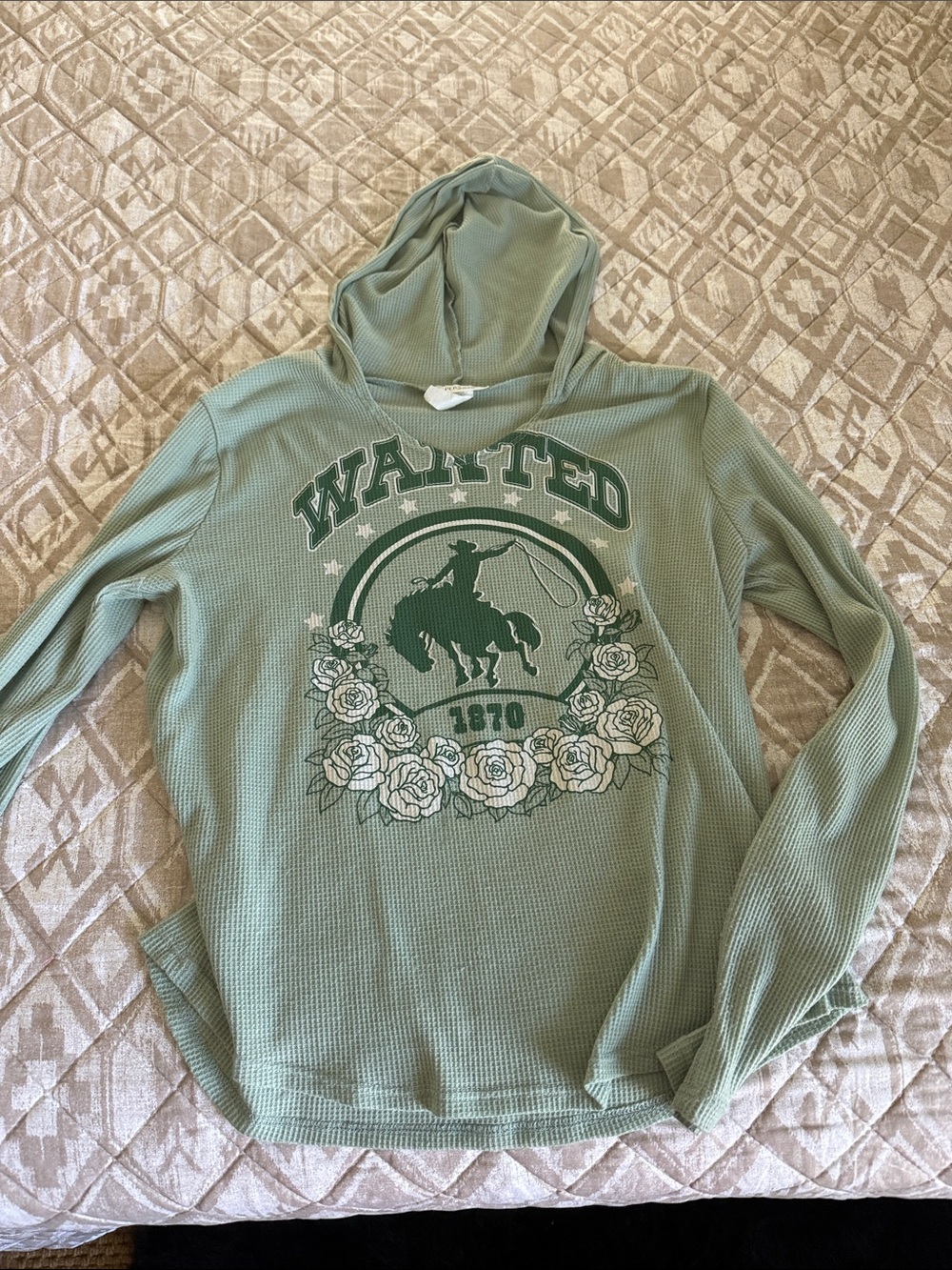 Women's Sage Green Hooded Sweater - Bronc Graphic